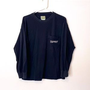 Vintage 90s Esprit Mens Medium Long Sleeve Spell Out Faded Pocket T Shirt Black